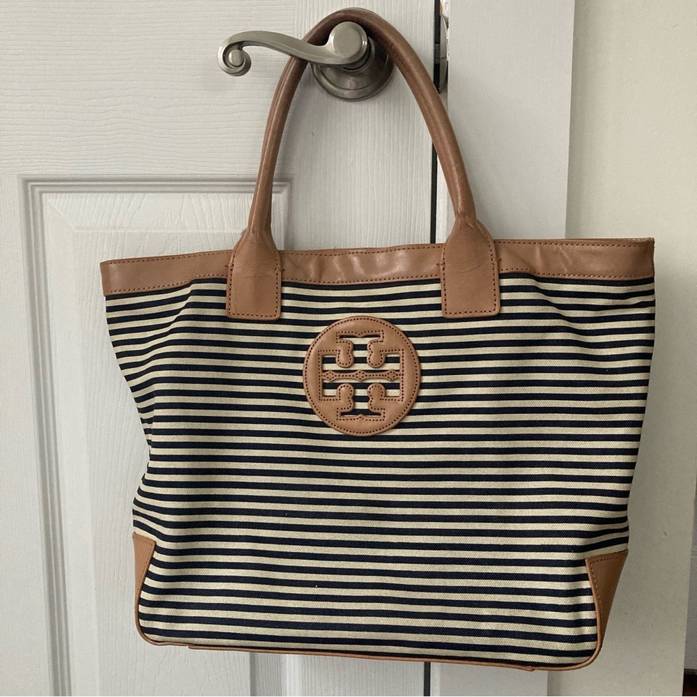 Tory Burch Leather Trimmed Striped Tote